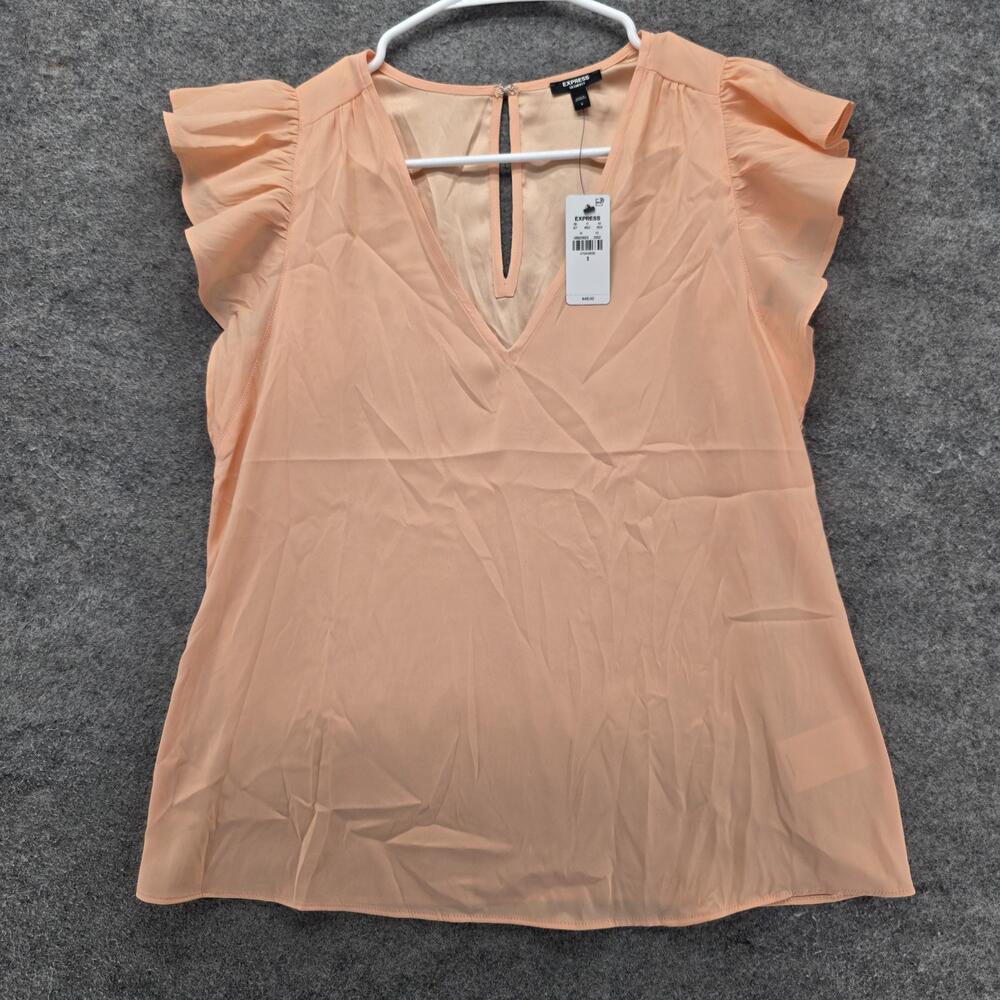 Express Blouse Womens Small Pink Chiffon V Neck Flutter Sleeve Ruffle Lined Top